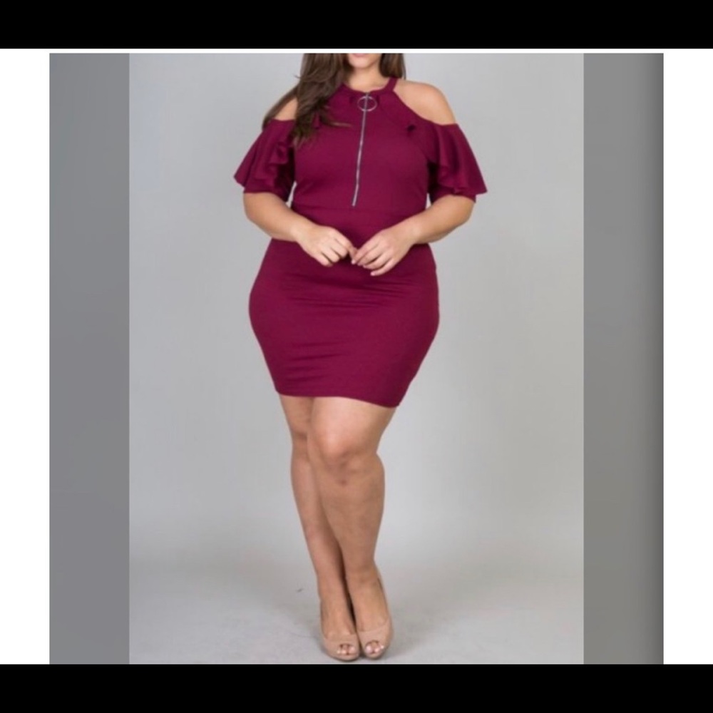 Ruffle Cold Shoulder Dress Burgundy Plus Size